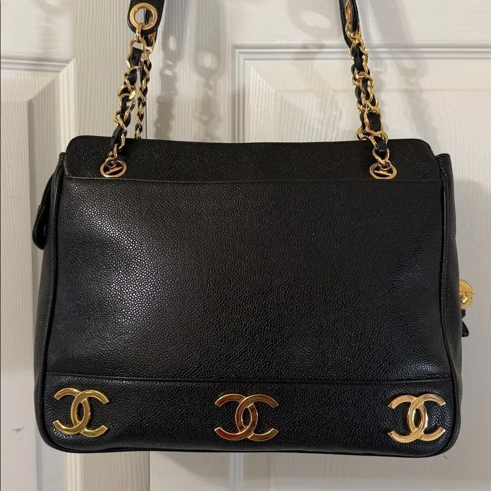 Authentic Chanel Triple CC Black/Gold Caviar Leather Chanel Shoulder Bag.
